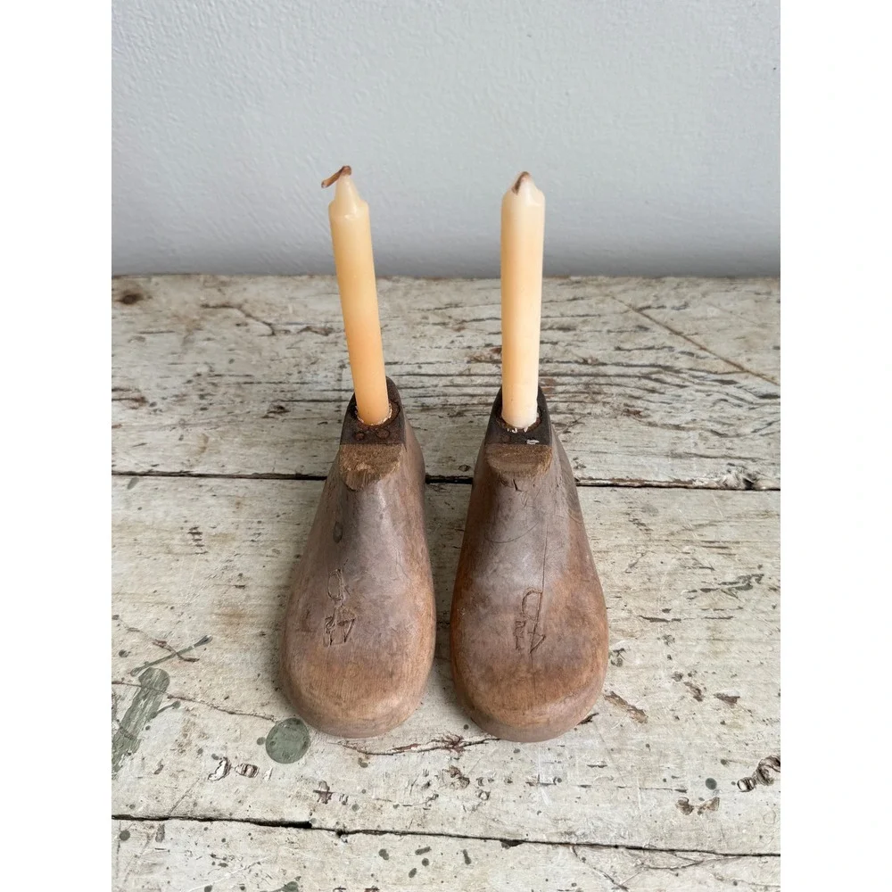 Vintage Wooden Child Shoe Last Candle Holders Cobbler Form Set Morton 150 4.5D